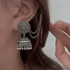 Pearl Charm Oxidized Silver Jhumkas